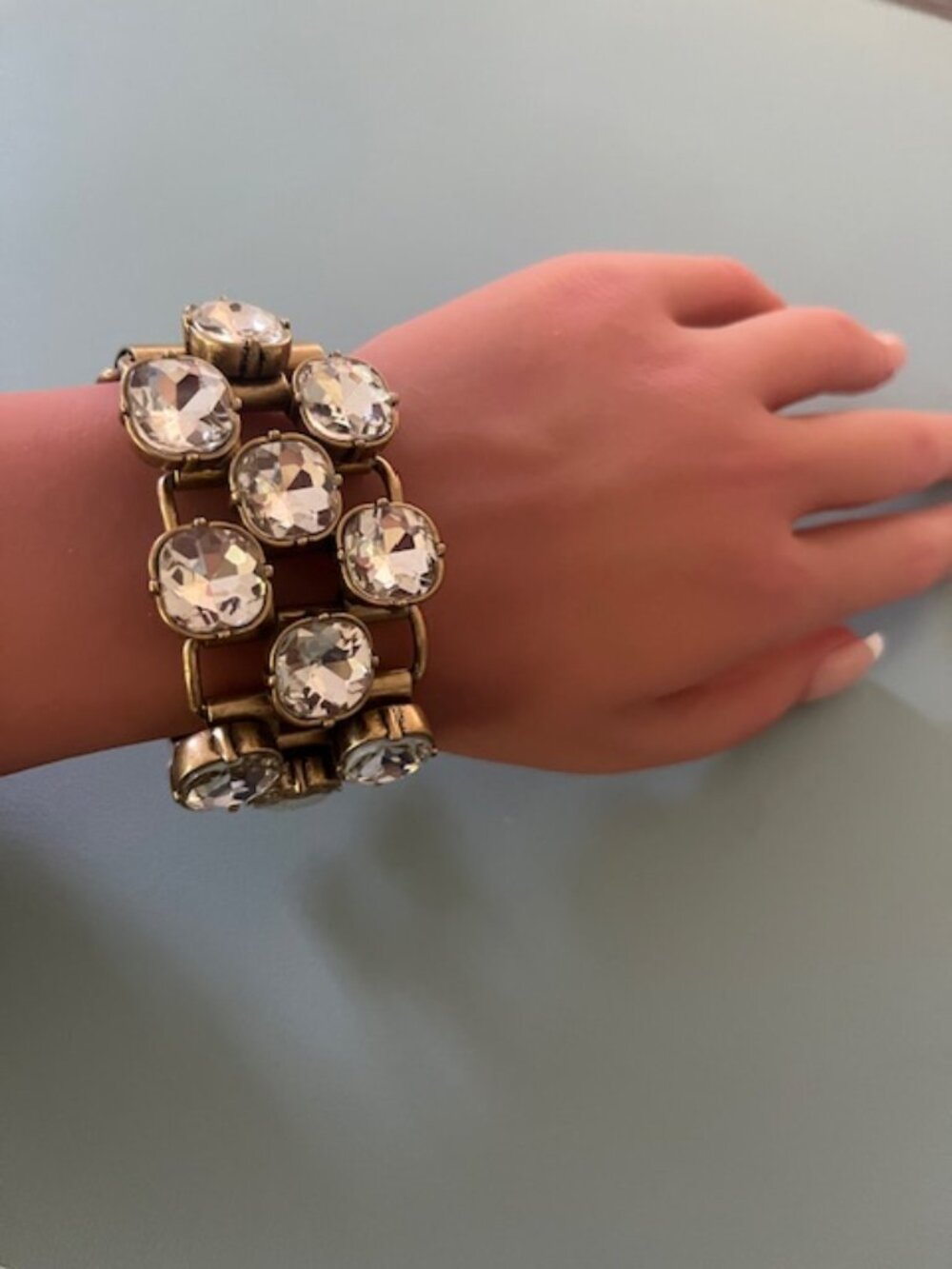 Chico’s Chunky Brass Crystal Statement Link Bracelet Oversized Cushion Cut Glam